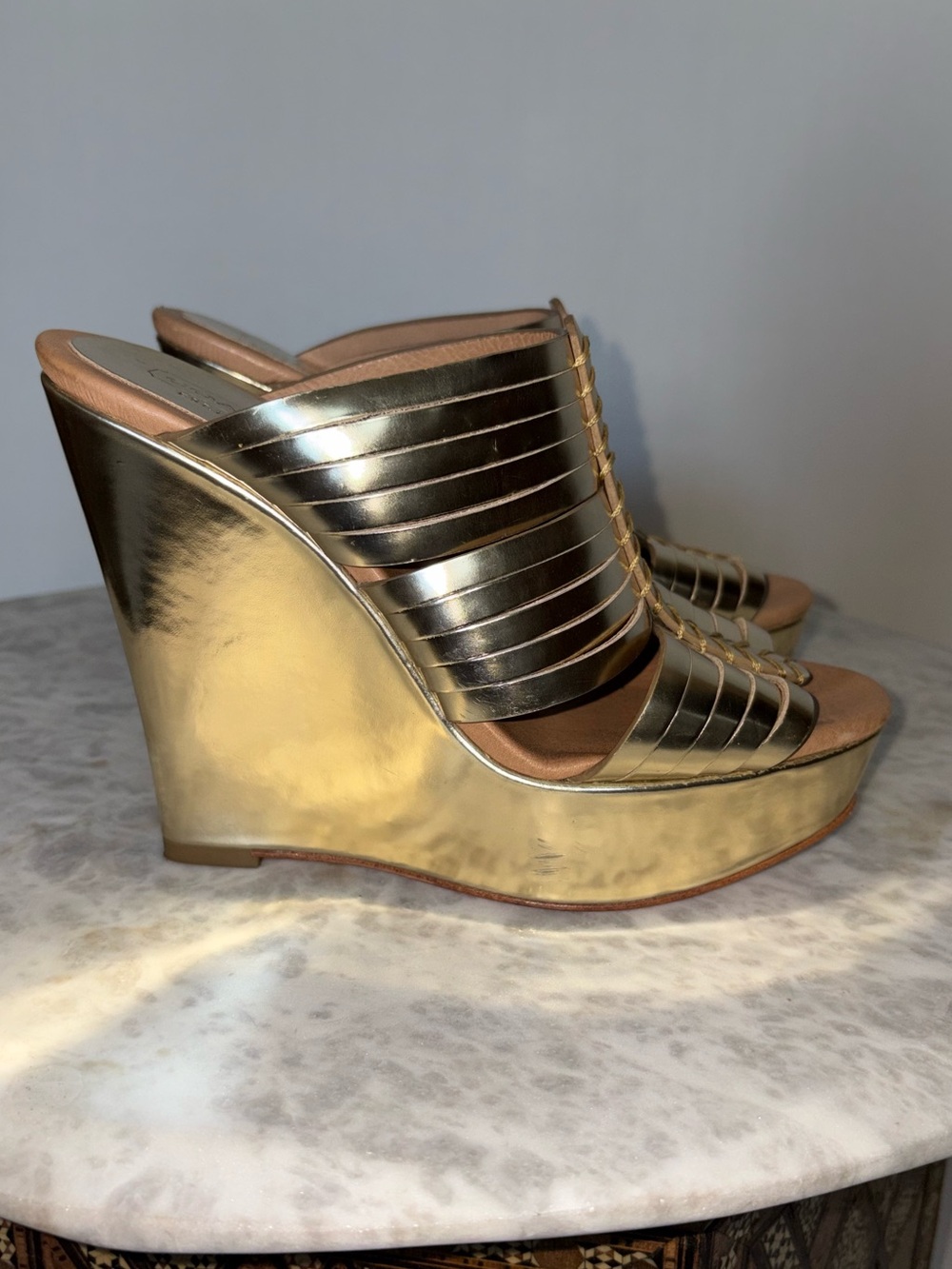 Coach Bristol Mirror Metallic Gold Wedge Slide Platform Sandals Size 6.5 - Picture 5 of 10